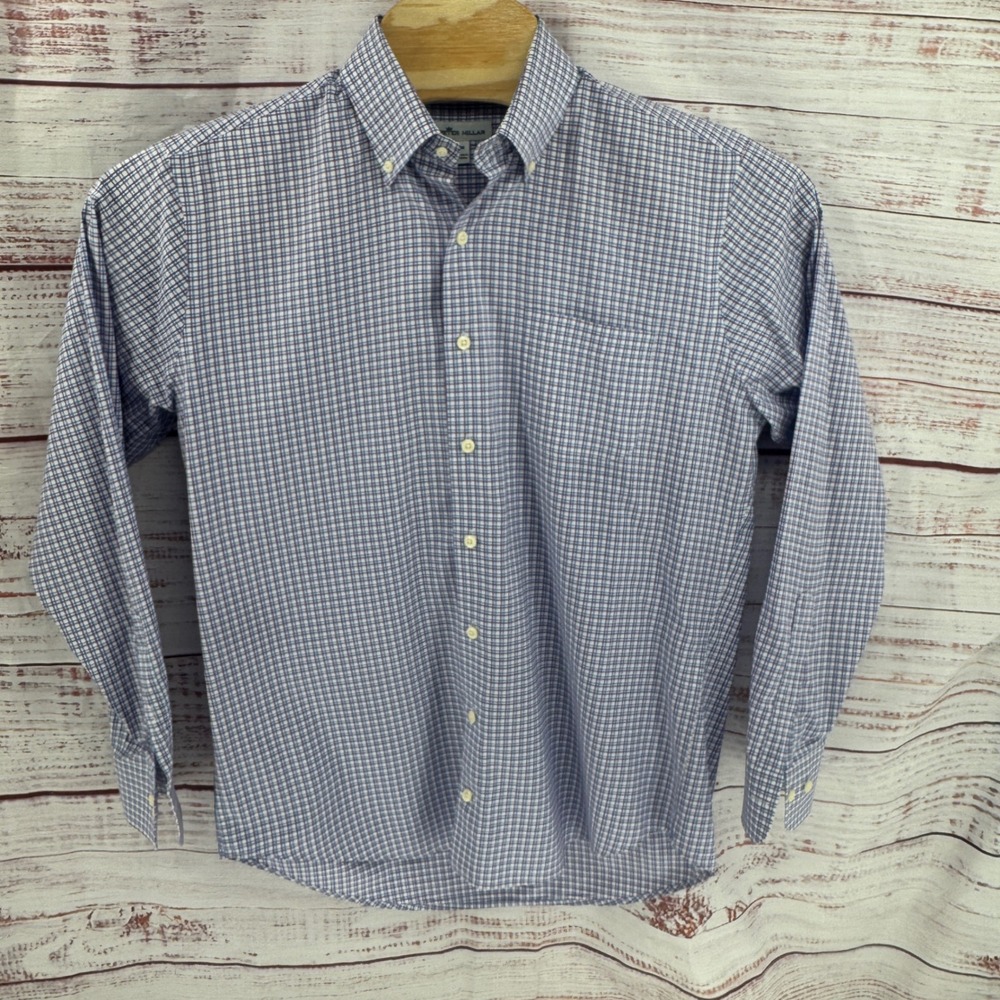 Peter Millar Shirt Mens Medium Silk Cotton Blend Tattersall Check Button Down